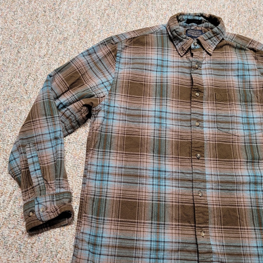 Pendleton Shirt Men Large Brown Blue Plaid Button Down Long Sleeve Hiking Mason - Picture 5 of 15